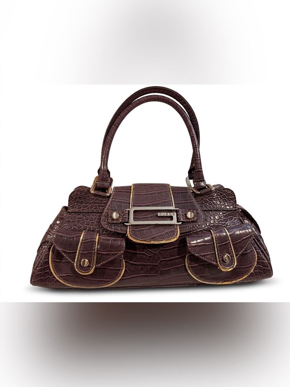 GUESS lavender Grey  Croc-Embossed Satchel with Gold Trim